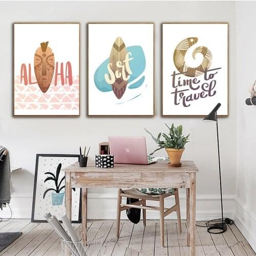 HAOCHU Nordic Oceanic Culture Surfboard Cartoon Seascape Animal Birds Canvas Painting Wall Picture For Kids Room Decor