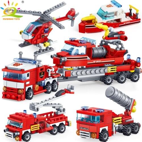 HUIQIBAO 348pcs Fire Fighting 4in1 Trucks Car Helicopter Boat Building Blocks City Firefighter Figures Man Bricks Children Toys