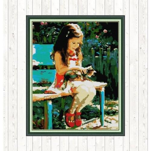 Joy Sunday Cross Stitch Girl and Cat Patterns 14ct 11ct Printed Aida Fabric DIY Hand Embroidery Kit DMC Needlework Set Wholesale