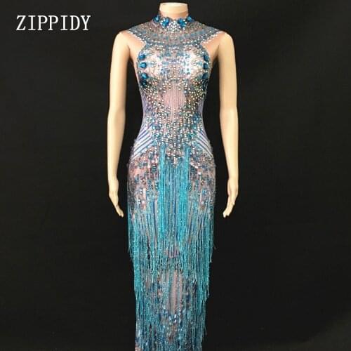 Fashion Blue Fringes Dress Singer Performance Tassels Dresses Party Celebrate Glisten Rhinestones Costume Sleeveless Long Dress