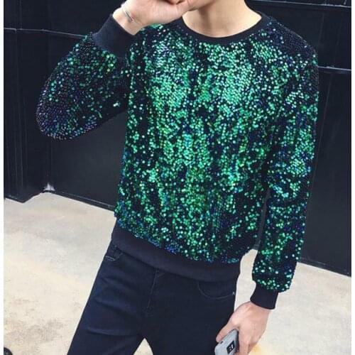 Mens Loose Sequins Short Sweaters Round Collar Long Sleeve Fashion Coats New 2021