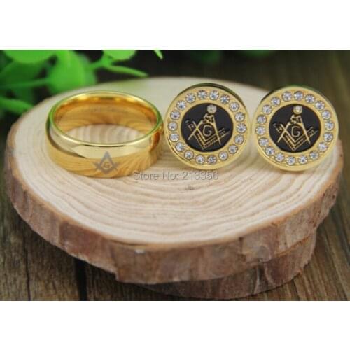 Free Shipping!USA Hot Sales E&C MENS LUXURY JEWELRY SET 8MM GOLDEN DOME MASON TUNGSTEN RING&GOLDEN STEEL MASONIC CUFFLINKS