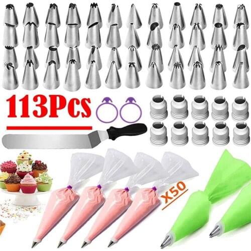 113PCS Cake Decorating Skills Set Pastry Bag Candy Accessories Nozzle Stainless Steel Cream Cake Baking Tools Kitchen Cake Tools