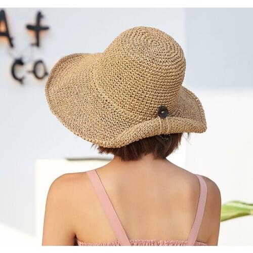 202103-YZ new summer HANDMADE paper grass button fold brim sunshade leisure lady sun cap women leisure hat