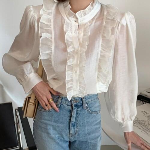 Summer Lantern Sleeve Solid Shirts Tops for Women 2021 Fashion Single-breasted Office Ladies Ruffles Blouse Shirts Blusas Mujer