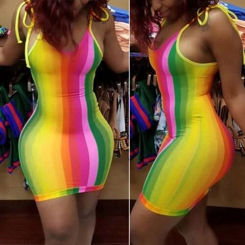 CHRONSTYLE Spaghetti Strap Sexy V-neck Women Dress 2020 New Party Off Shoulder Summer Rainbow Stripe Dress Bodycon Party Dress