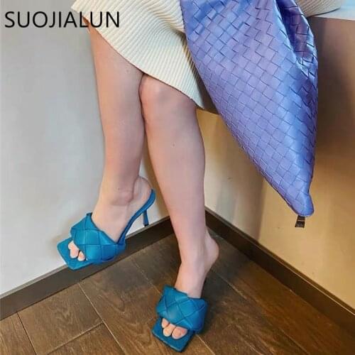 SUOJIALUN Fashion Brand Design Women Slipper Thin High Heels Square Toe Sandal Slipper Summer Ladies Slide Elegant Dress Shoes