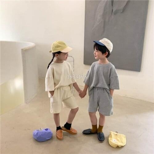 Summer Korean Children Clothing Set Boys Girls Short-sleeved T-shirt Shorts 2pcs Outfit Kids Solid Color Loose Unisex Tracksuit