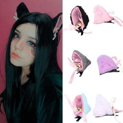 2Pcs/Lot Black Pink White Cat Ears with Bell Hair Clip Cosplay Party Girls Fox Long Fur Costume Cosplay Hair Clip Hair Accessory