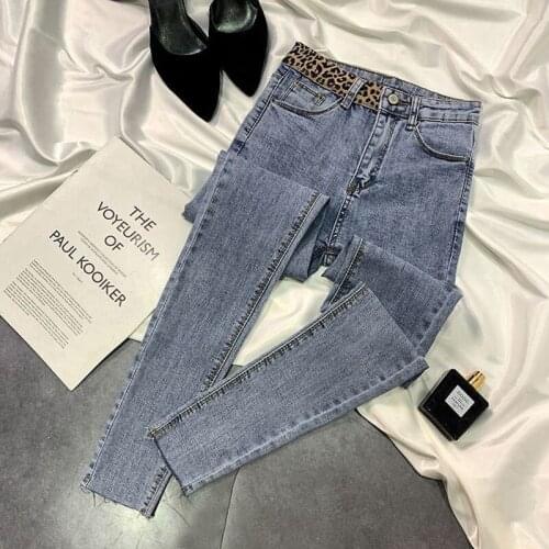 Womens Stretch Little Feet Jeans High Waist Leopard Print Slim Sexy Burr 2021 New Retro Fashion Black Nine-Point Pencil Pants