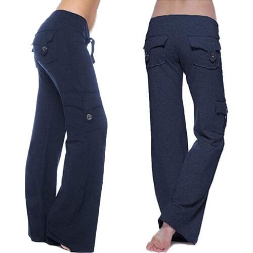 Womens Yoga Pants Wide Leg Bodybuilding Sports Pants Track Pants Lace-up Elastic Multiple Pockets Slim Tights Trousers