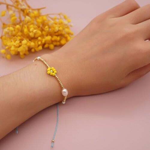 TOHO Rice Bead Woven Women Beaded Bracelet Gold Plated Flower Bangles Female Gray Baroque Natural Pearl Hand Wrist Jewelry