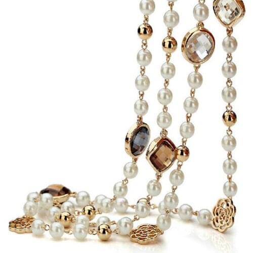 2019 Hot sale Cubic zircon rose flower simulated pearl long necklace for women sweater winter necklace christmas gift