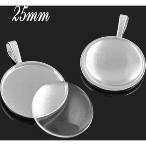 10pcs 25mm Shiny Silver Plated Round Blank Base Setting Pendant Trays+ Matching Clear Glass Cabochons For Custom Photo Jewelry