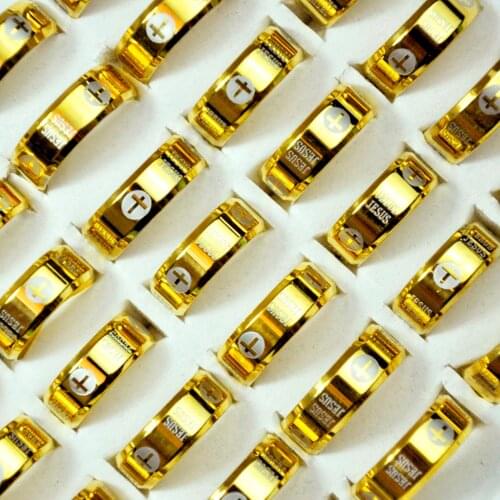 100Pcs Europe Classic Jewelry Stainless Steel Letter Bible Rings Gold Band Jesus Cross Ring for Men Women Prayer DropShip LR4087