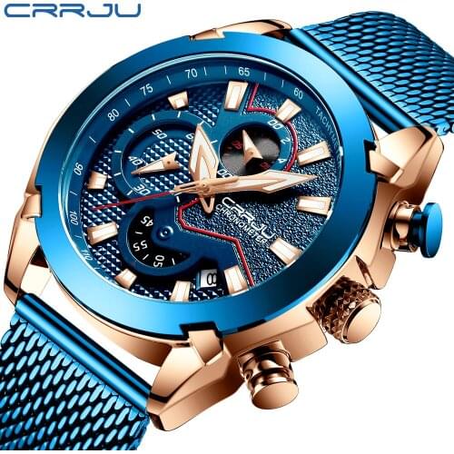 CRRJU sport chronograph Watches Minimalist Daily steel Wrist watch men Fashion Sports waterproof Watch Blue band watch for Men