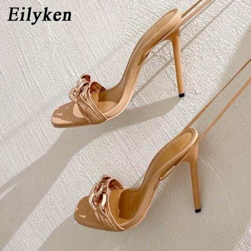 Eilyken New Design Chain Decoration Women Sandals Elegant Square Toe Ankle Lace-Up Stiletto Heels 2021Fashion Shoes Female
