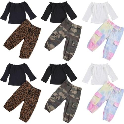 2-6Years Kid Girls Clothes Off Shoulder Short Sleeve T shirt + Camouflage leopard print Printed Pants for Toddler Girl