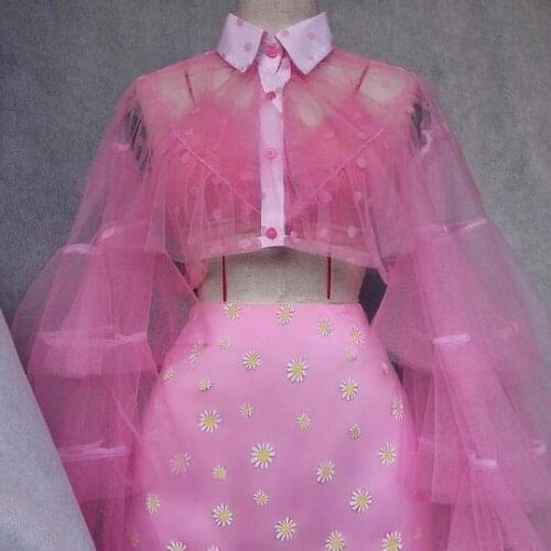 See-Through Short T-shirt Cascading Ruffle Long Sleeve Top Fashion Women Top With Button Crop Top With Point Sweet Pink Tops