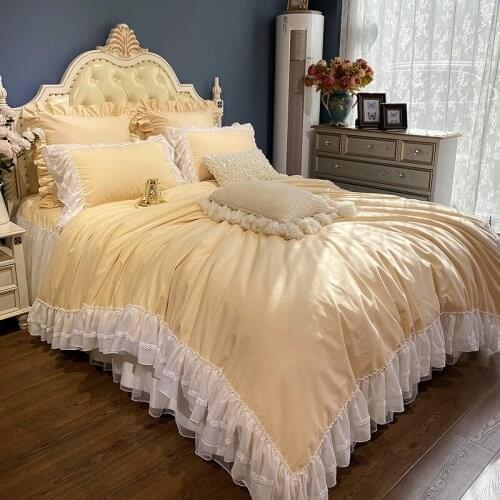 Yellow Pink Soft Cozy Long Staple Cotton Sanding Princess Bedding Set Double White Lace Edge Duvet Cover Bed Skirt Pillowcases