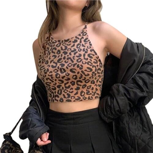 Summer Women Leopard Print Camis Tops Harajuku Sexy Sleeveless Backless O-Neck Tie Back Slim Fit Crop Tops 2021 Tees