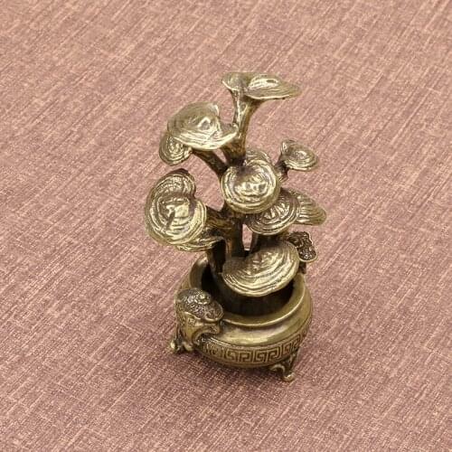 Retro Copper Ganoderma Potted Plant Figurines Funny Tea Pet Bronze Sculpture Crafts Creative Desktop Ornaments Home Decoration