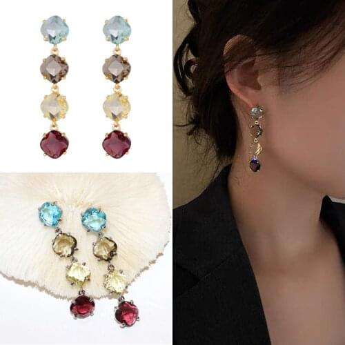 Trendy New Colorful Crystal Drop Earrings Fashion Wedding Jewelry Charm Square Multicolor Zircon Stone Earrings for Women