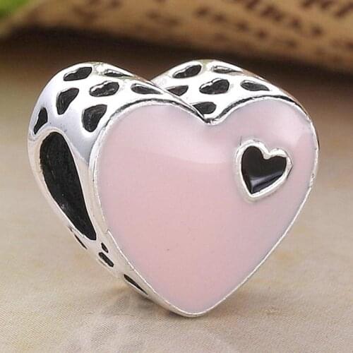Original Pink Enamel Sweet Love Heart Beads Fit 925 Sterling Silver Bead Charm Bracelet Bangle DIY Jewelry