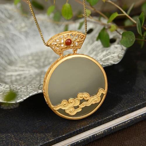 Ancient gold craftsmanship inlaid natural Hetian jade hollow auspicious clouds necklace pendant noble ladies silver jewelry