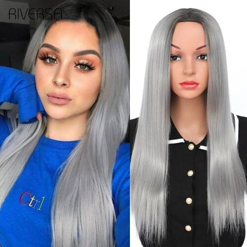 Tress Hair Wigs Straight Hair Synthetic Wig 24inch Ombre Black Mixed Grey Wig Natural Wig Cosplay Wigs For Black Women Riversa
