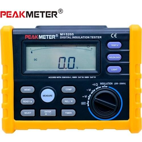 PEAKMETER MS5205 High-Precision Digital Insulation Resistance Tester 250-2500V Megohmmeter Shake Meter 0.01-100GΩ