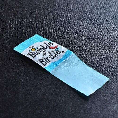 Custom clothing mitre fold tags/woven labels/garment T-shirt embroidered labels/brand name/logo printing