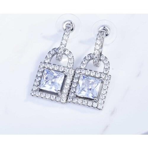 925 Silver Fashion Lock Drop Earrings Charm Piercing Earring Inlay Full Shiny Zircon Fine Jewelry For Women Party Statement Gift