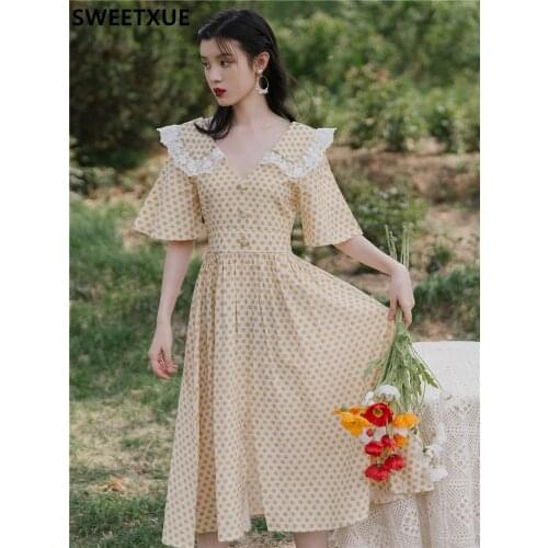 SWEETXUE 2021 Women Summer Vintage Elegant Peter Pan Collar Wave Point Beach Holiday Chic Party Dress Lady Vestidos Mujer