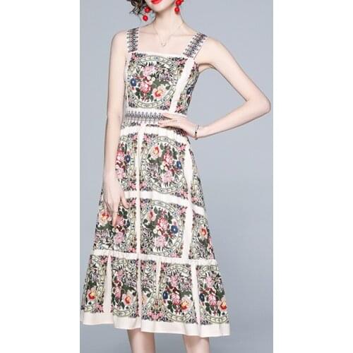 Vintage Summer Women Beach Vacation Dress Runway Designer Spaghetti Strap Slash Neck Backless Floral Print Holiday Midi Dresses