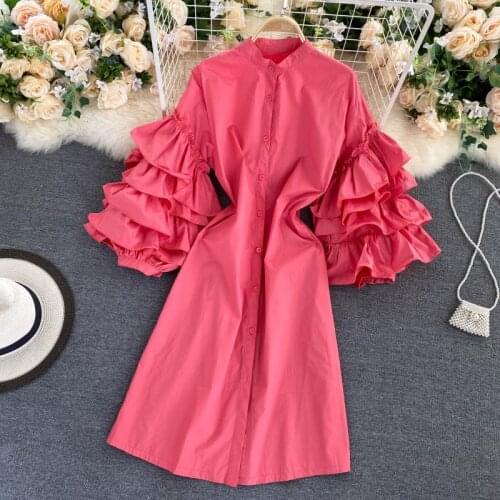 Womens spring autumn vintage ruffles sleeve shirt dress female design candy color loose dress TB1156