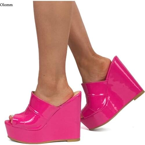 Olomm New Arrival Women Platform Mules Sandals Wedges High Heels Open Toe Gorgeous Fuchsia Party Shoes Women US Plus Size 5-20