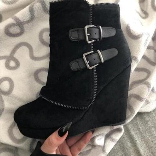 Chunky Shoes For Women Boots Thick Heel Side Zipper Short Ankle Boots Leather Retro Platform Wedge Heels Boots Plus Size 35-43