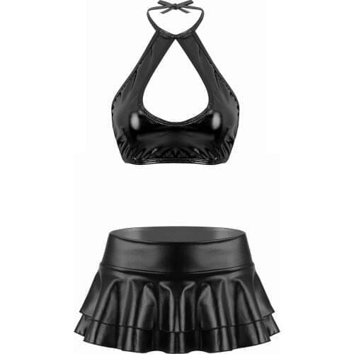 Women Shiny Faux Leather Sexy Crop Tops Sleeveless Halter Neck Strappy Lingerie Low Rise Double Layered Ruffle Skirts Exotic Set