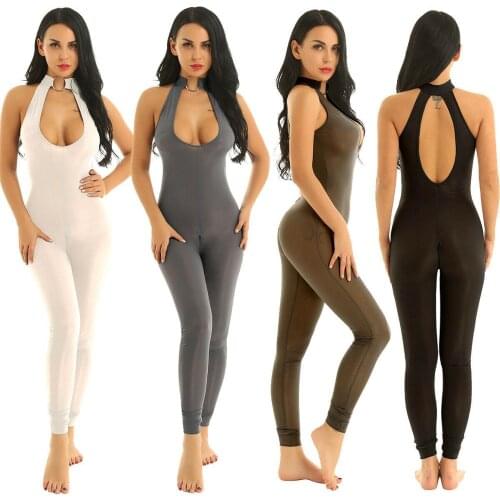 Sexy Women Semi See Through Slim Fit Jumpsuit Catsuit Long Zip Hollow Out Bust Halter Neck Bodysuit Rave Dance Costume
