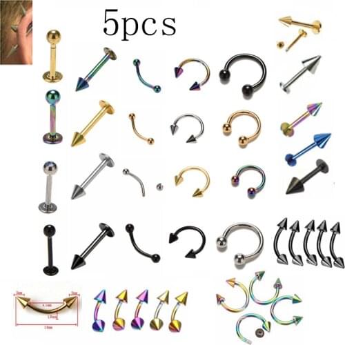 5PCS Stainless Steel Nostril Nose Ring Lip Rings Earrings Sircular Piercing Ball Horseshoe Hoop Ring Body Jewelry