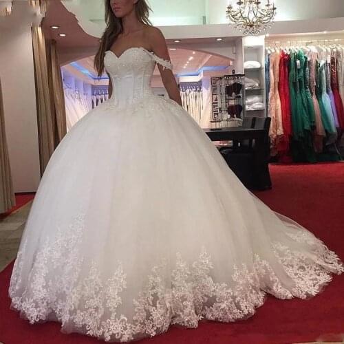 Angelsbridep Sweetheart Ball Gown Wedding Dresses Robe De Mariee Sexy Off-Shoulder Applique Beads Court Train Formal Bride Gowns