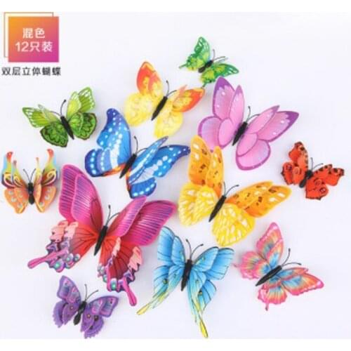Free shipping 12Pcs Double layer 3D Butterfly Wall Sticker on the wall Home Decor Butterflies for decoration Magnet Fridge stick