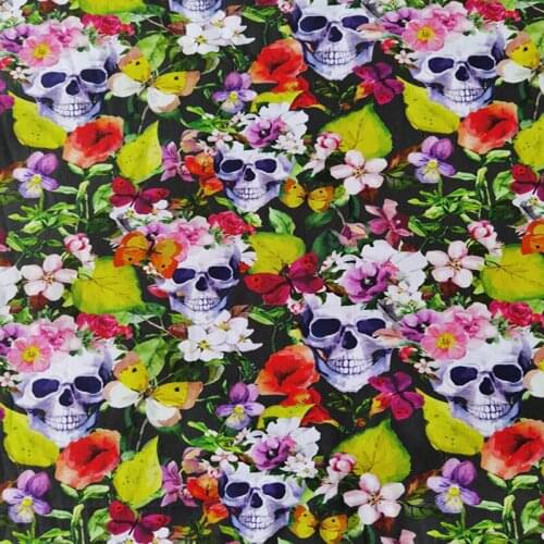 Skull and Flowers Print Black 100% Cotton Fabric for Girl Clothes Hometextile Cushion Cover Backpacks DIY 140cm Width-BL069