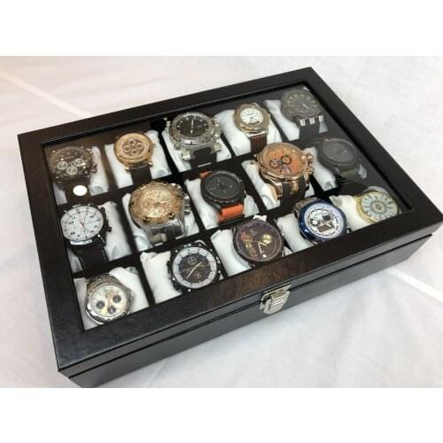 Black Watch Box Quality Wooden Case 15 Watches Glass Cover Modern Watches Box