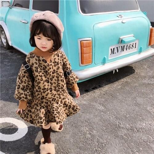 Winter Korean style fashion girls Leopard grain woolen mermaid dresses 1-6 years kids baby thicken long sleeve warm dress