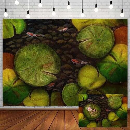 Newborn Lotus Pond Moonlight Backdrop Lotus Leaf Fish Pebbles Decor Baby Shower Girl Boy Photography Background Studio Photozone