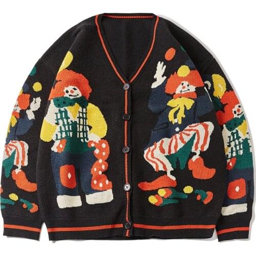 2021 Funny Clown Print Knitted Cardigan Sweater Men Women Hip Hop Cotton Harajuku Sweater Oversize Streetwear Unsiex Knit Jumper