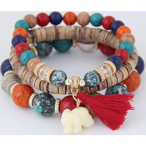 Best sellers boho Vintage charm bracelet set chain link elephant female natural stone beads handmade leather tassel line fringe