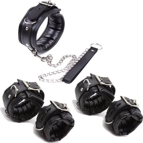 Leather Metail Heart Sex Handcuffs Ankle Cuffs and Collar Slave Bdsm Bondage Set Sex Toys for Couples Erotic Womens Lingerie